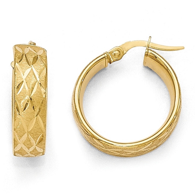 Italian 14k Gold Polished Diamond Cut Brushed Hoop Earrings